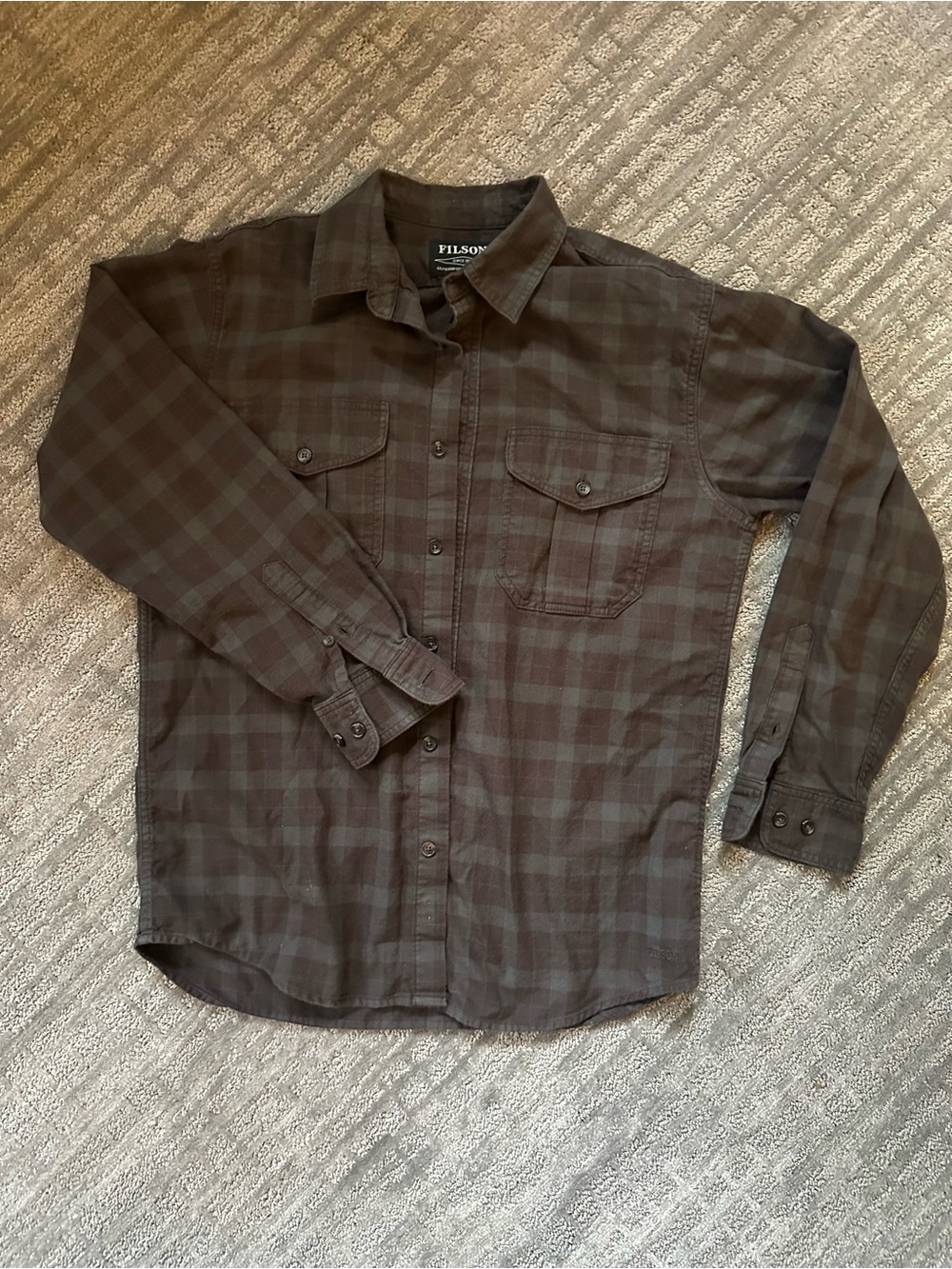 Filson Dark Brown Plaid Mens Button-Down Shirt